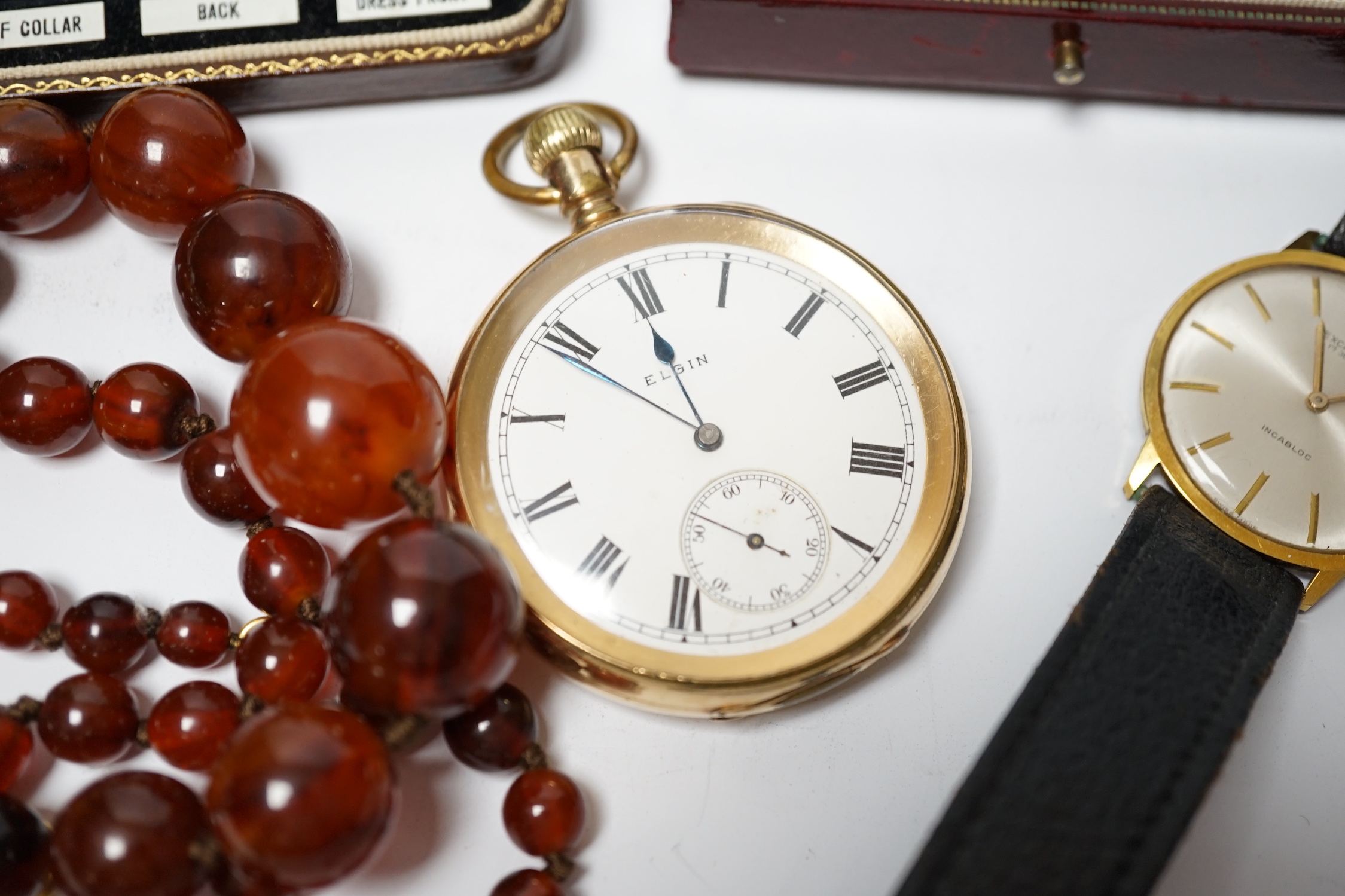 A pair of gilt metal Christian Dior tassel drop earrings and other jewellery, a wrist watch, pocket watch and a 9ct six piece dress stud set.